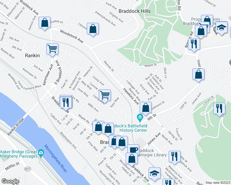 map of restaurants, bars, coffee shops, grocery stores, and more near 647 4th Street in Braddock