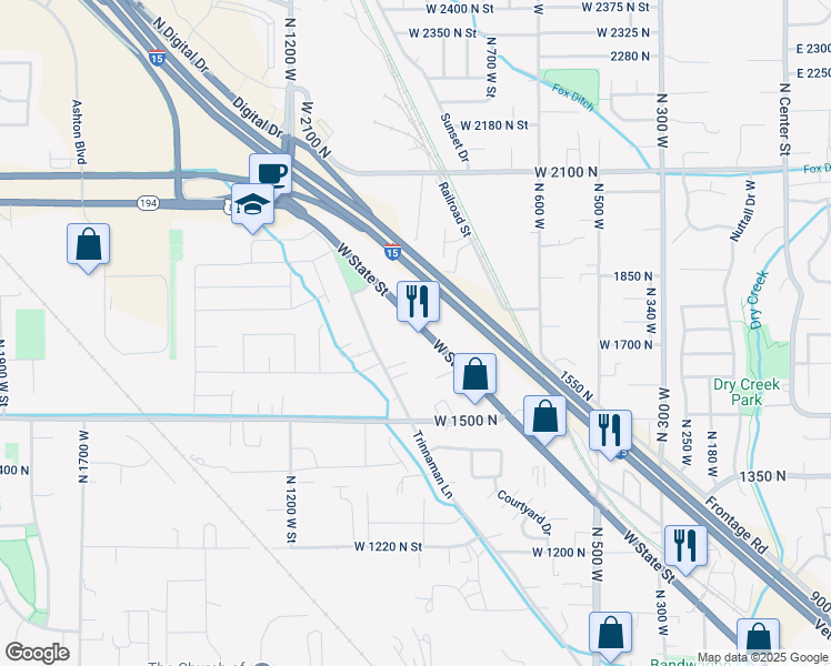 map of restaurants, bars, coffee shops, grocery stores, and more near 2209 West State Street in Lehi