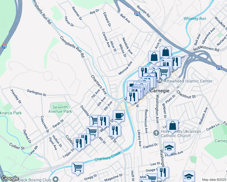 map of restaurants, bars, coffee shops, grocery stores, and more near 113 Dickman Street in Carnegie