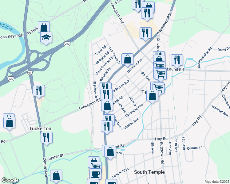 map of restaurants, bars, coffee shops, grocery stores, and more near 608 Tuckerton Avenue in Temple