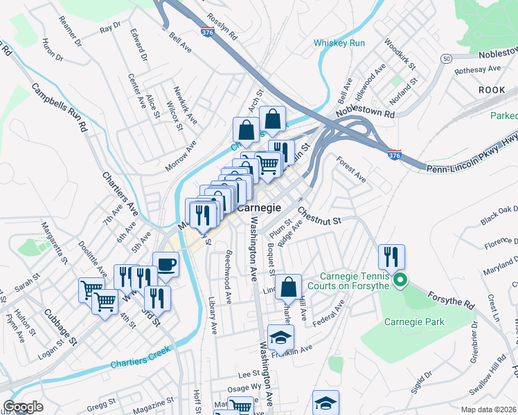 map of restaurants, bars, coffee shops, grocery stores, and more near in Carnegie