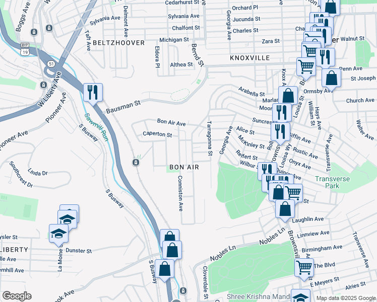 map of restaurants, bars, coffee shops, grocery stores, and more near 223 Camfield Street in Pittsburgh