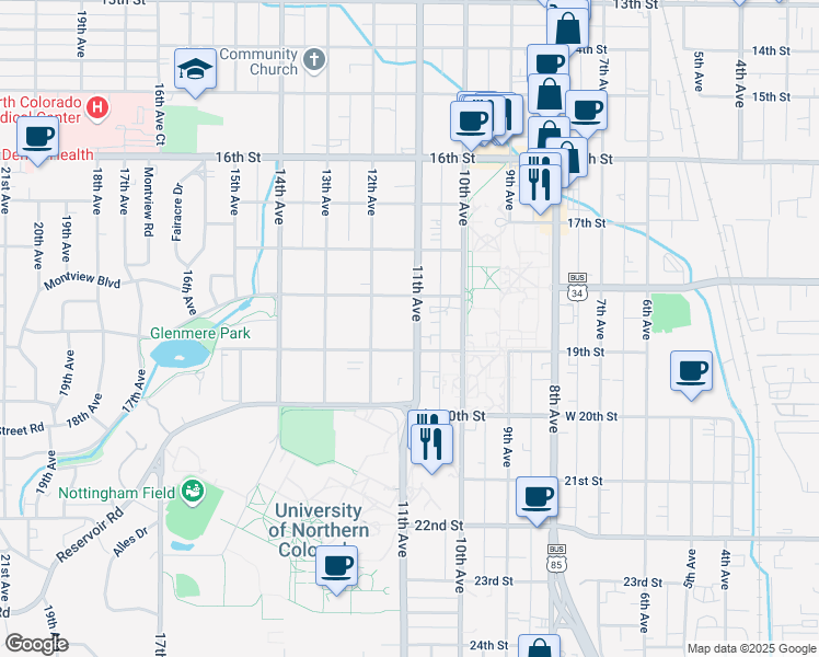 map of restaurants, bars, coffee shops, grocery stores, and more near 1857 11th Avenue in Greeley