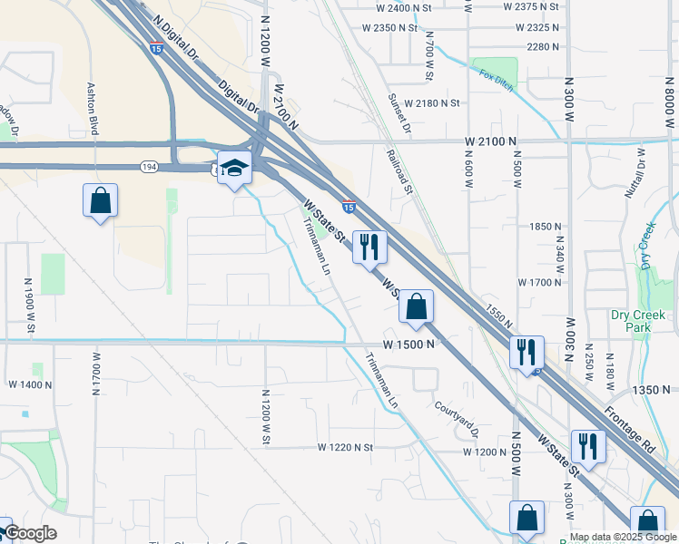 map of restaurants, bars, coffee shops, grocery stores, and more near 1708 Trinnaman Lane in Lehi