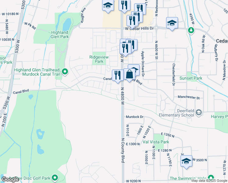 map of restaurants, bars, coffee shops, grocery stores, and more near 1569-1769 North County Boulevard in Highland