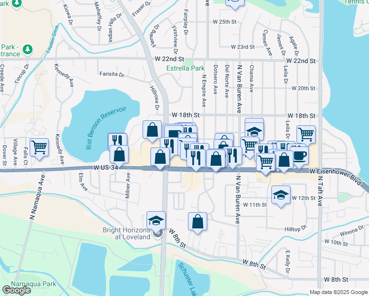 map of restaurants, bars, coffee shops, grocery stores, and more near 1504 North Estrella Avenue in Loveland