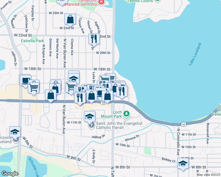 map of restaurants, bars, coffee shops, grocery stores, and more near 1581 North Taft Avenue in Loveland