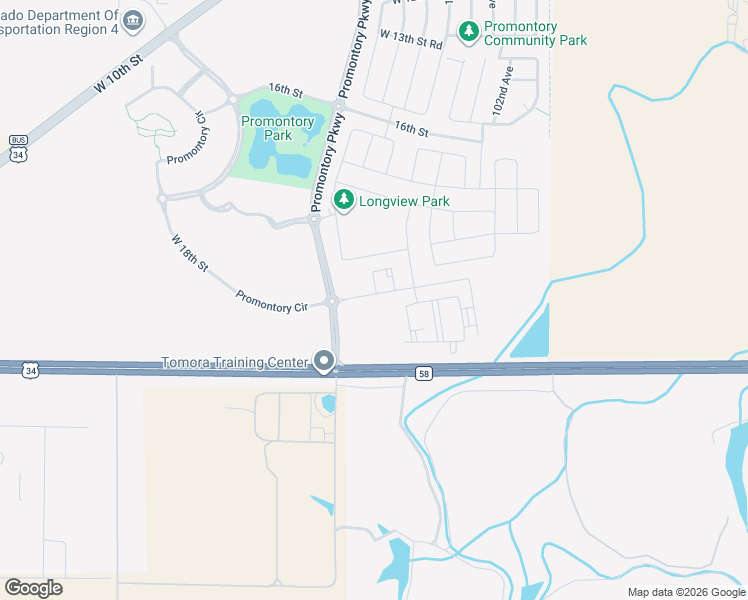 map of restaurants, bars, coffee shops, grocery stores, and more near 1898 Promontory Circle in Greeley