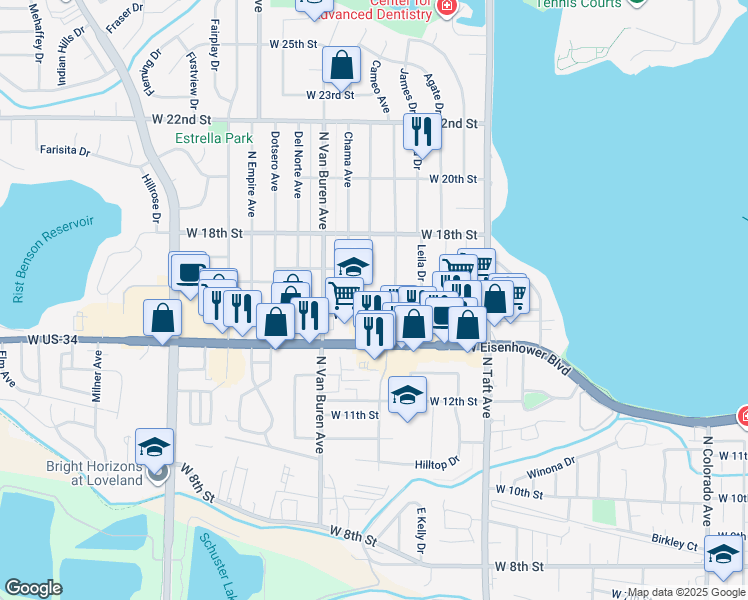 map of restaurants, bars, coffee shops, grocery stores, and more near 1811 West 15th Street in Loveland