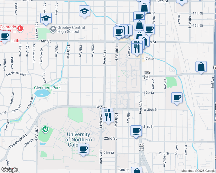 map of restaurants, bars, coffee shops, grocery stores, and more near 1017 19th Street in Greeley