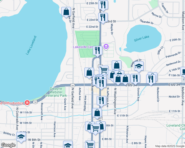 map of restaurants, bars, coffee shops, grocery stores, and more near 125 East 15th Street in Loveland