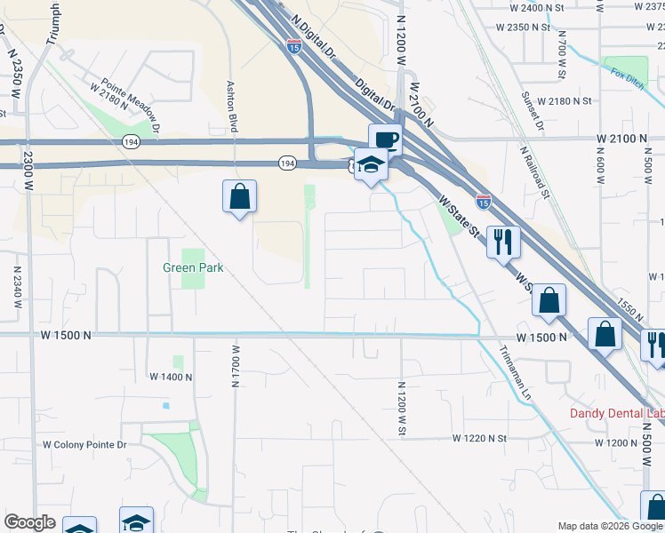 map of restaurants, bars, coffee shops, grocery stores, and more near 1376 West 1750 North Street in Lehi