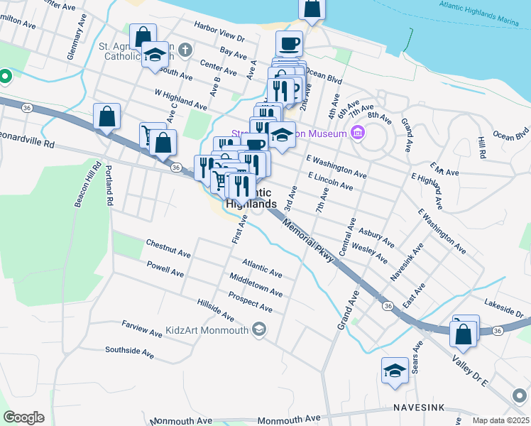 map of restaurants, bars, coffee shops, grocery stores, and more near 25 New Jersey 36 in Atlantic Highlands
