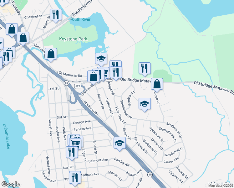 map of restaurants, bars, coffee shops, grocery stores, and more near 18 Ridge Road in Old Bridge