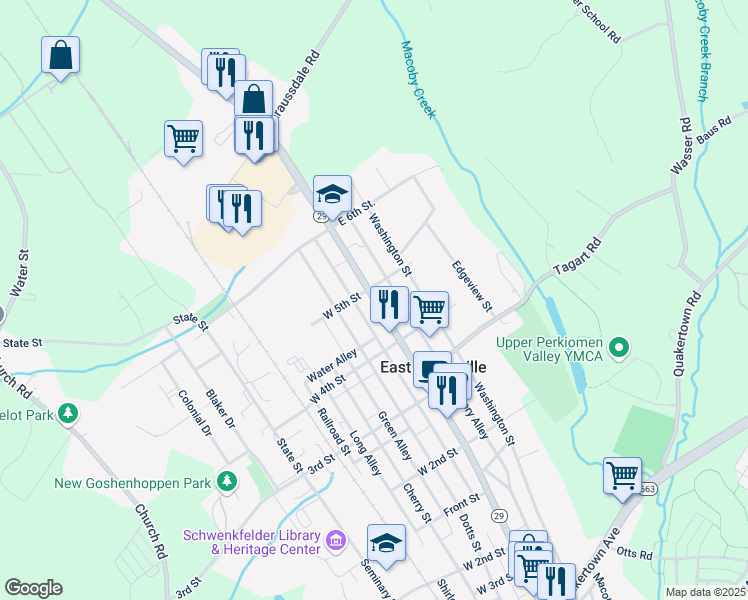 map of restaurants, bars, coffee shops, grocery stores, and more near 435 Main Street in East Greenville