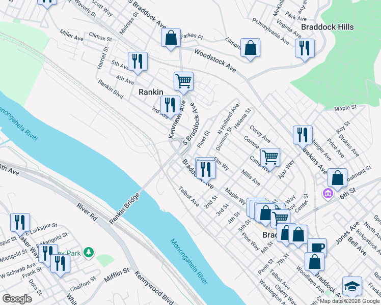 map of restaurants, bars, coffee shops, grocery stores, and more near 118 Pattison Avenue in Braddock