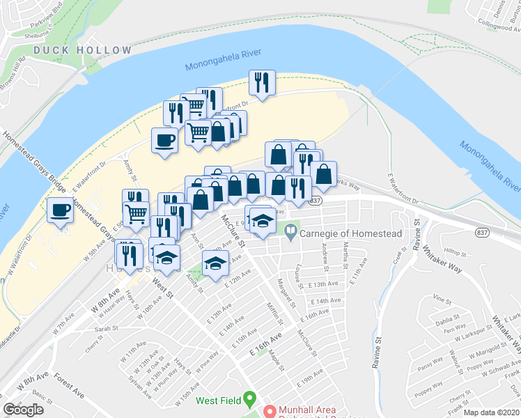 map of restaurants, bars, coffee shops, grocery stores, and more near 510 East 8th Avenue in Munhall