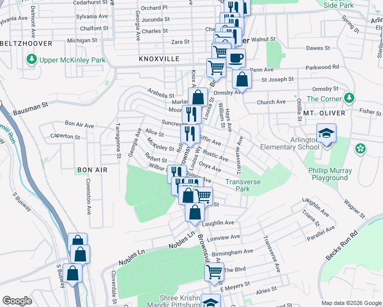 map of restaurants, bars, coffee shops, grocery stores, and more near 101 Onyx Avenue in Pittsburgh