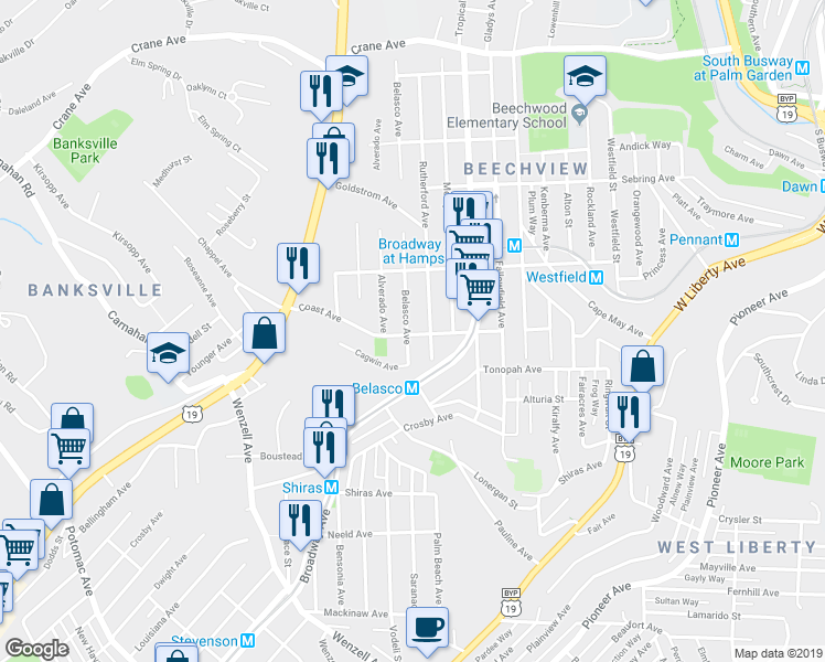 map of restaurants, bars, coffee shops, grocery stores, and more near 1702 Rutherford Avenue in Pittsburgh