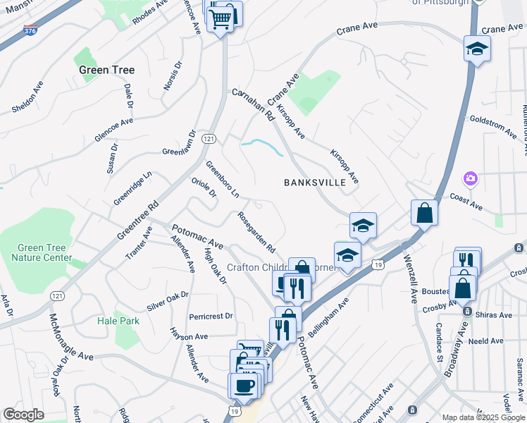 map of restaurants, bars, coffee shops, grocery stores, and more near 2695 Winchester Drive in Pittsburgh