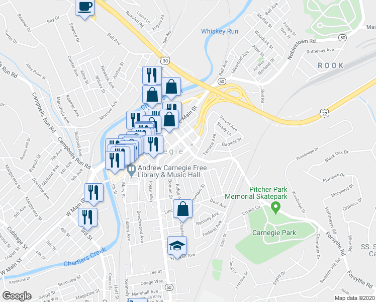 map of restaurants, bars, coffee shops, grocery stores, and more near 535 Chestnut Street in Carnegie