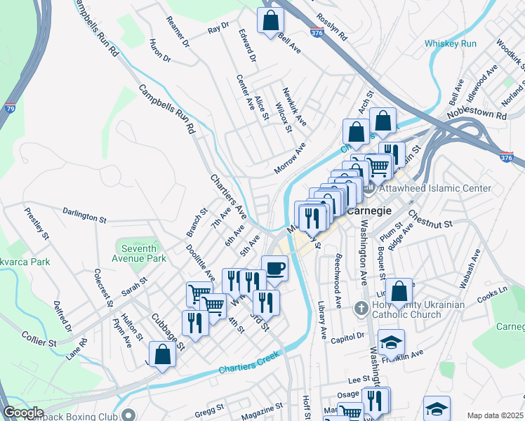 map of restaurants, bars, coffee shops, grocery stores, and more near 113 Dickman Street in Carnegie