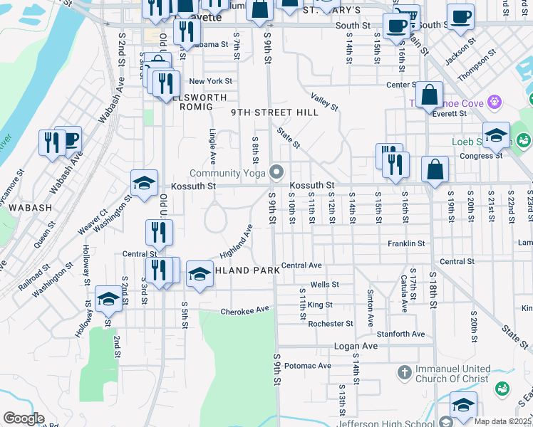 map of restaurants, bars, coffee shops, grocery stores, and more near 807-815 Highland Avenue in Lafayette