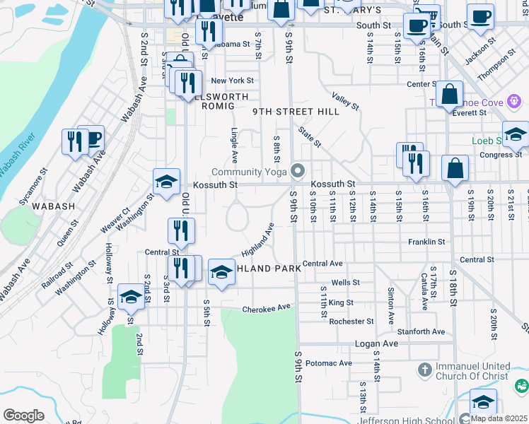 map of restaurants, bars, coffee shops, grocery stores, and more near 807-815 Highland Avenue in Lafayette