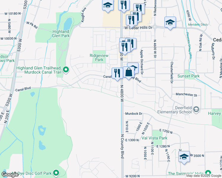 map of restaurants, bars, coffee shops, grocery stores, and more near 9712 Benton Lane in Highland