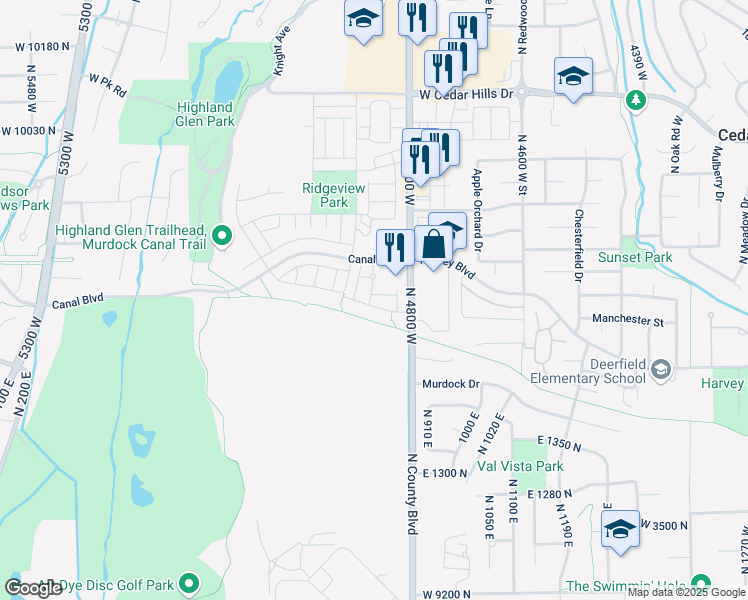 map of restaurants, bars, coffee shops, grocery stores, and more near 9712 Benton Lane in Highland