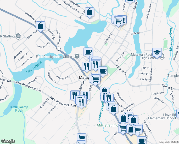 map of restaurants, bars, coffee shops, grocery stores, and more near in Matawan
