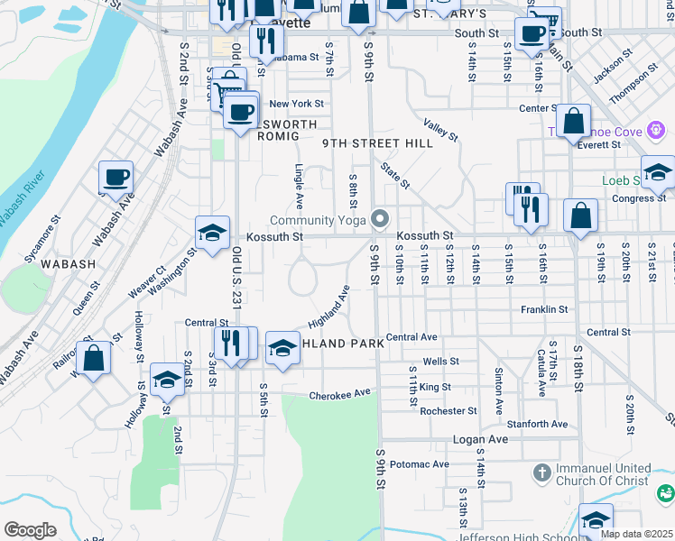 map of restaurants, bars, coffee shops, grocery stores, and more near 807-815 Highland Avenue in Lafayette