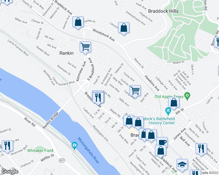 map of restaurants, bars, coffee shops, grocery stores, and more near 113 Mills Avenue in Braddock