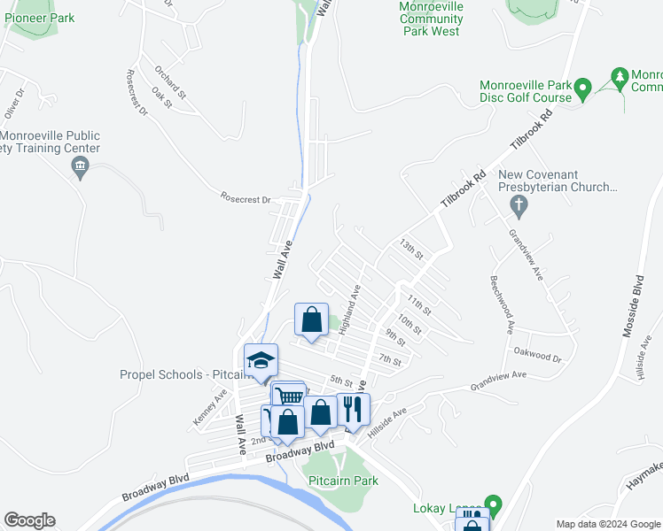 map of restaurants, bars, coffee shops, grocery stores, and more near 505 10th Street in Pitcairn