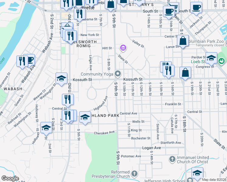 map of restaurants, bars, coffee shops, grocery stores, and more near 807-815 Highland Avenue in Lafayette