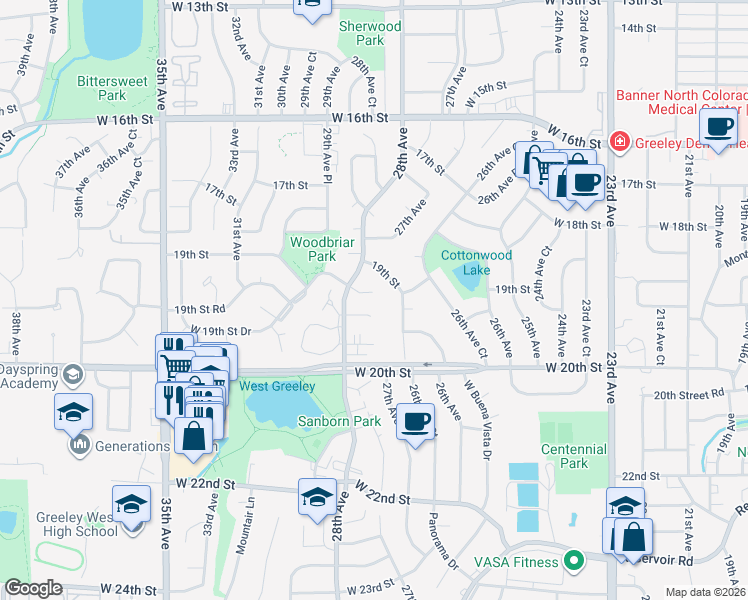 map of restaurants, bars, coffee shops, grocery stores, and more near 2701 West 19th Street Road in Greeley