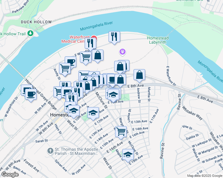 map of restaurants, bars, coffee shops, grocery stores, and more near 510 East 8th Avenue in Munhall