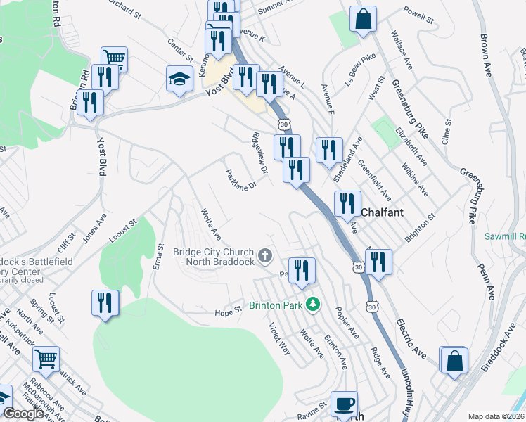 map of restaurants, bars, coffee shops, grocery stores, and more near 1012 Grandview Avenue in Braddock