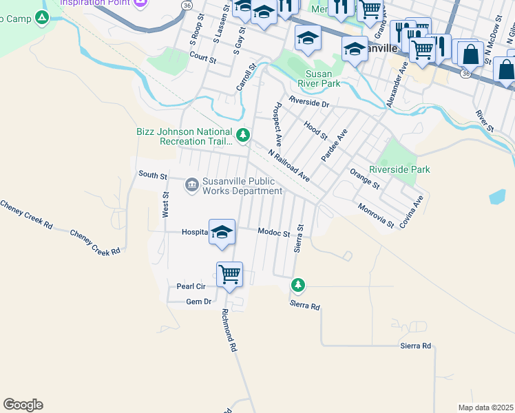 map of restaurants, bars, coffee shops, grocery stores, and more near 728 Plumas Street in Susanville