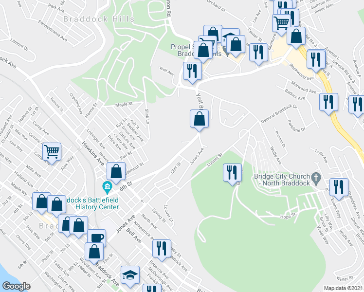 map of restaurants, bars, coffee shops, grocery stores, and more near 1317 6th Street in Braddock