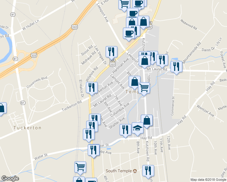map of restaurants, bars, coffee shops, grocery stores, and more near 701 Mount Laurel Avenue in Temple