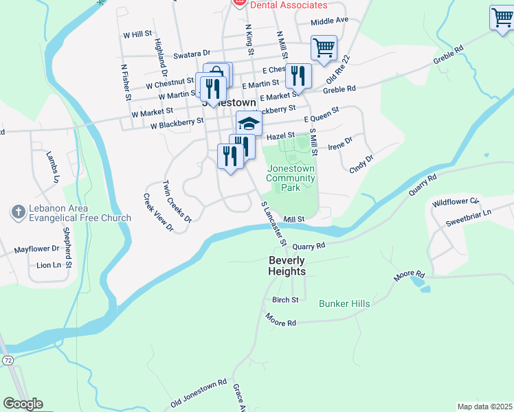 map of restaurants, bars, coffee shops, grocery stores, and more near 371 Swatara Creek Drive in Jonestown