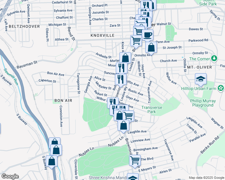 map of restaurants, bars, coffee shops, grocery stores, and more near in Pittsburgh