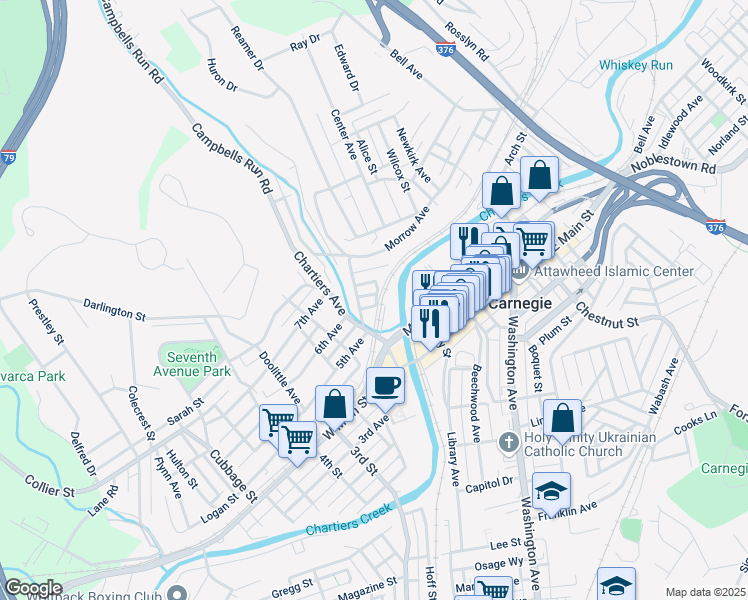 map of restaurants, bars, coffee shops, grocery stores, and more near 113 Dickman Street in Carnegie