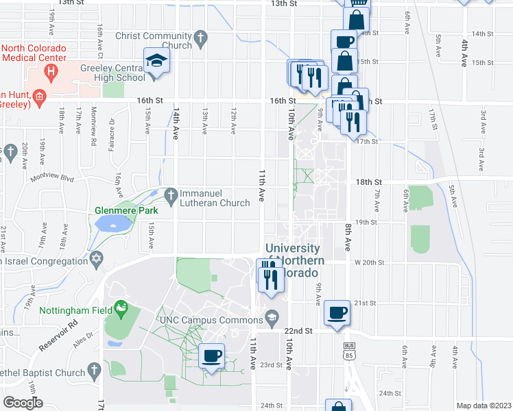 map of restaurants, bars, coffee shops, grocery stores, and more near 1855 11th Avenue in Greeley