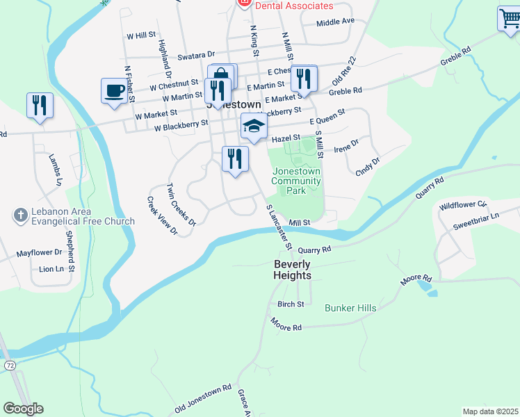 map of restaurants, bars, coffee shops, grocery stores, and more near 371 Swatara Creek Drive in Jonestown