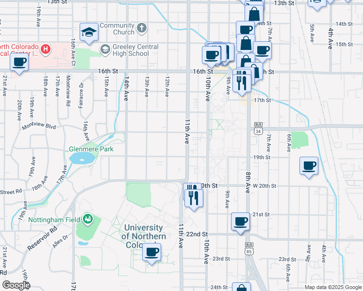 map of restaurants, bars, coffee shops, grocery stores, and more near 1861 11th Avenue in Greeley