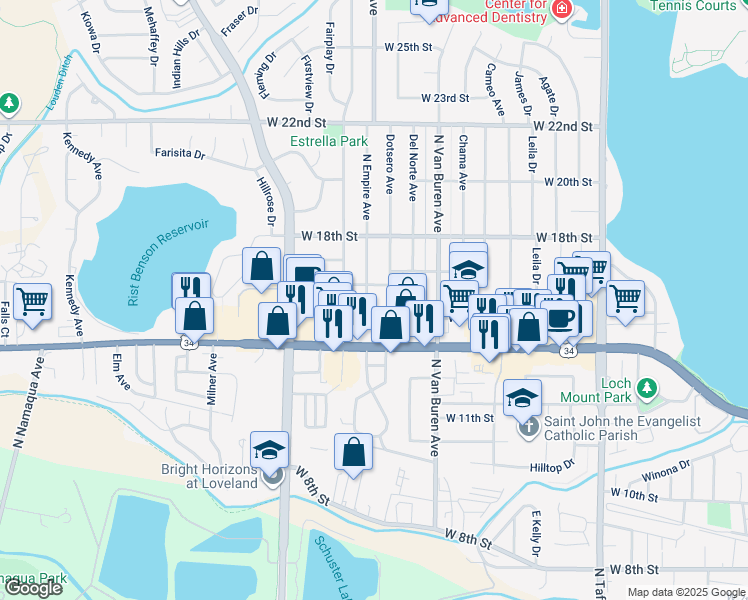 map of restaurants, bars, coffee shops, grocery stores, and more near 1503 Dotsero Avenue in Loveland