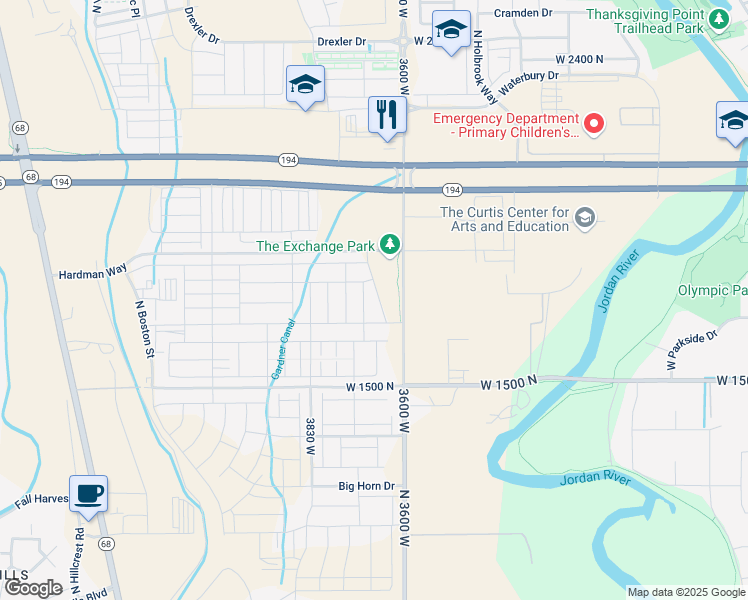 map of restaurants, bars, coffee shops, grocery stores, and more near 1717 North Exchange Park Road in Lehi