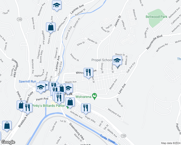 map of restaurants, bars, coffee shops, grocery stores, and more near 412 Albert Street in Turtle Creek